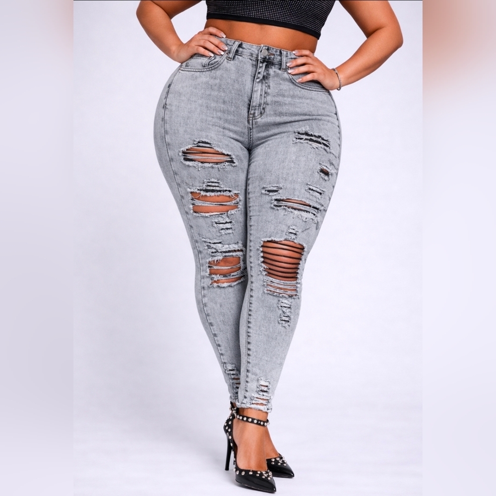 🔥 Ripped High-Waist Jeggings | Shein Curve | 0XL | Edgy Stretch Fit